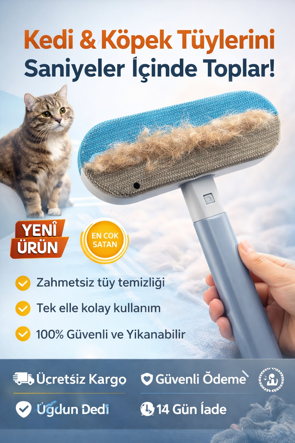 Petlora Tüy Toplayıcı Fırça – Kedi & Köpek Tüylerini Saniyeler İçinde Temizler