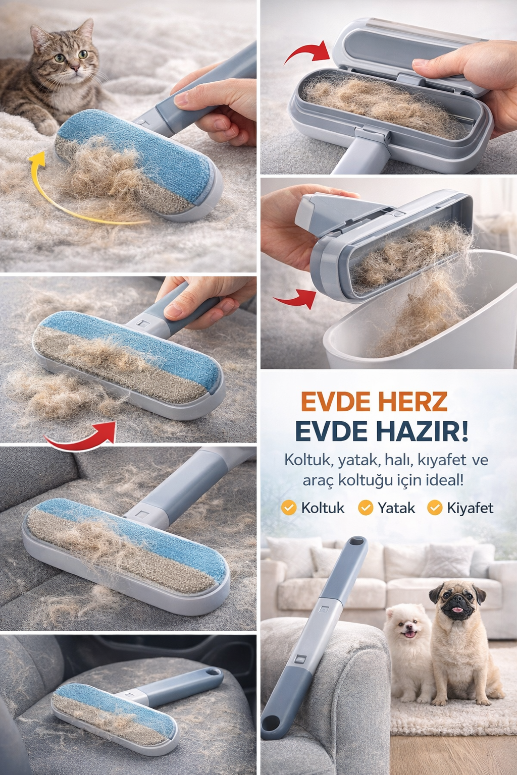 Petlora Tüy Toplayıcı Fırça – Kedi & Köpek Tüylerini Saniyeler İçinde Temizler