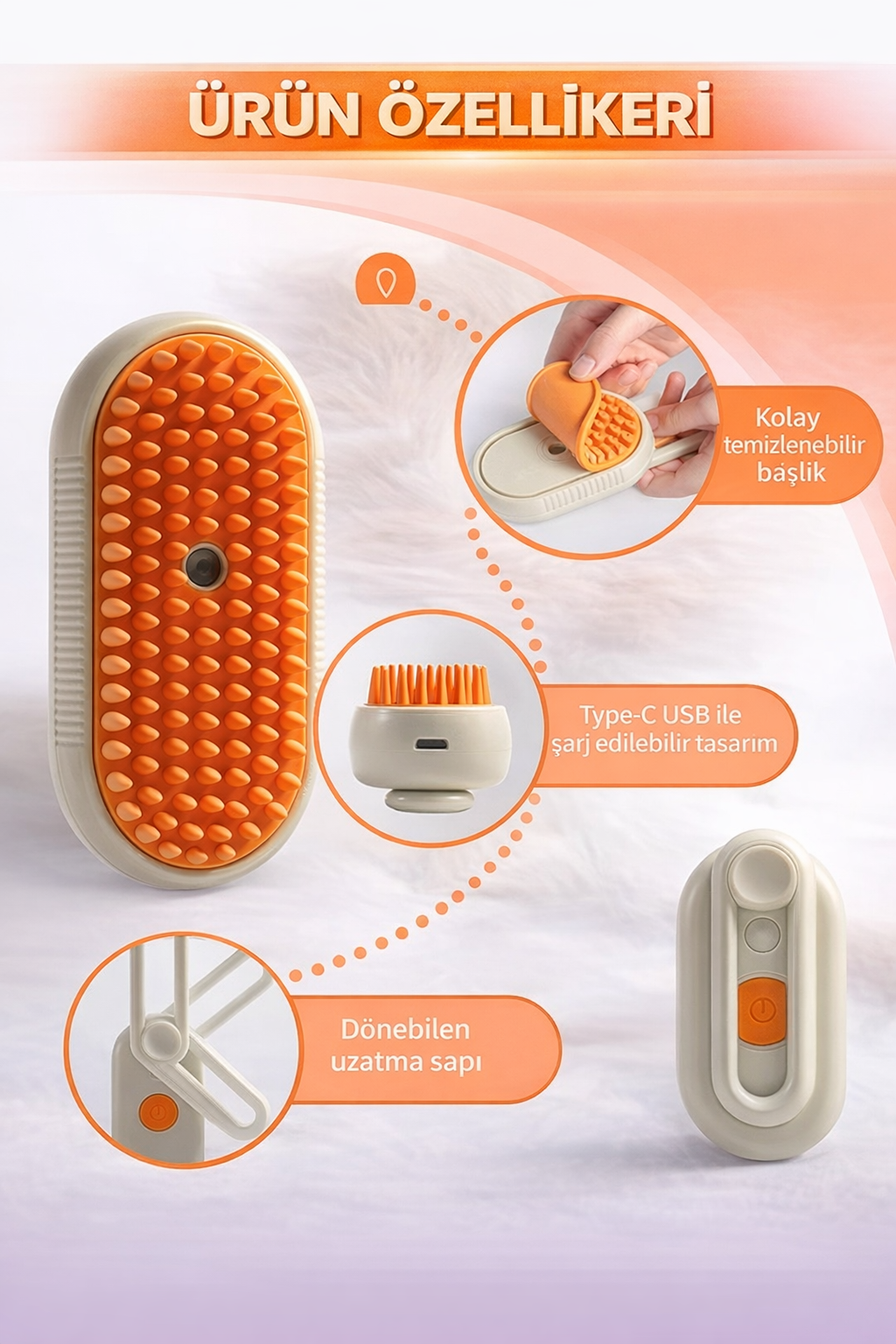 Buharlı Kedi & Köpek Tarama Fırçası – Tüy Toplayıcı, USB Şarjlı, Masaj Etkili